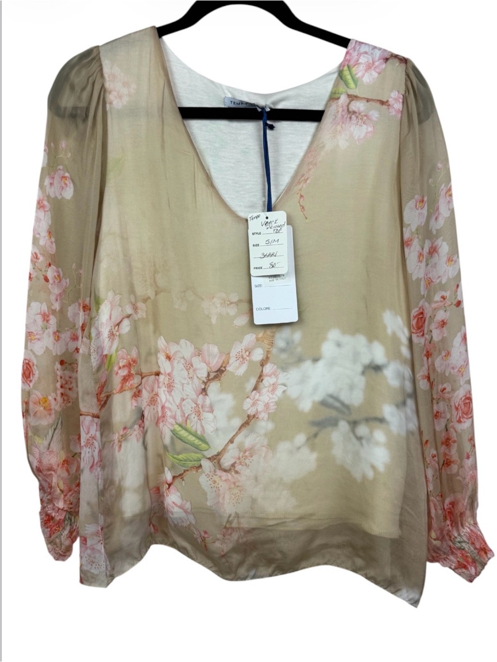 NWT Tempo Paris Silk Blend Cherry Blossom V-Neck Blouse Top S/M